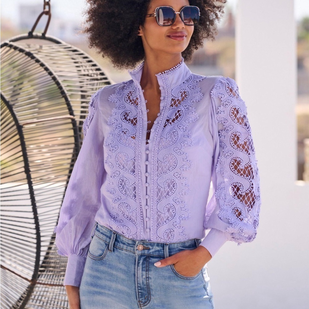 Boston Proper Lavender Cut-Out Lace Blouse